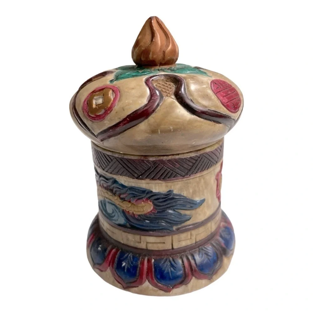 Vintage Chinese Dragon Stone Trinket Box Hand Painted Lidded Jewelry Container